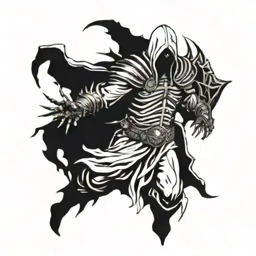 full body Tyrael with his face blacked out under his hood from the video game Diablo 2 that came out in 2000   tattoo design idea