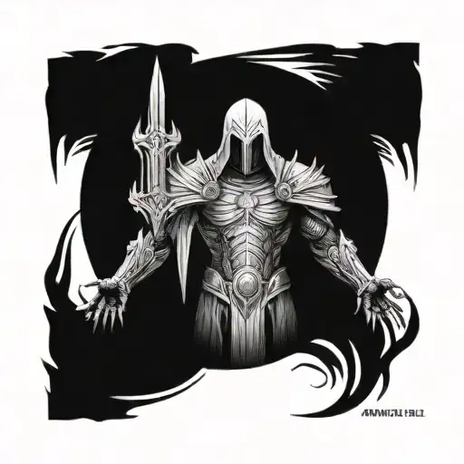 Tyrael from the video game diablo full body with his sword in front of his body tattoo design idea