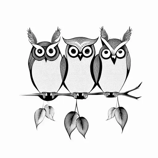 three cartoon owls, sitting on a branch, in black and white tattoo design idea