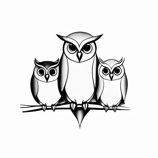 three cartoon owls sitting on a branch in black and white tattoo design idea