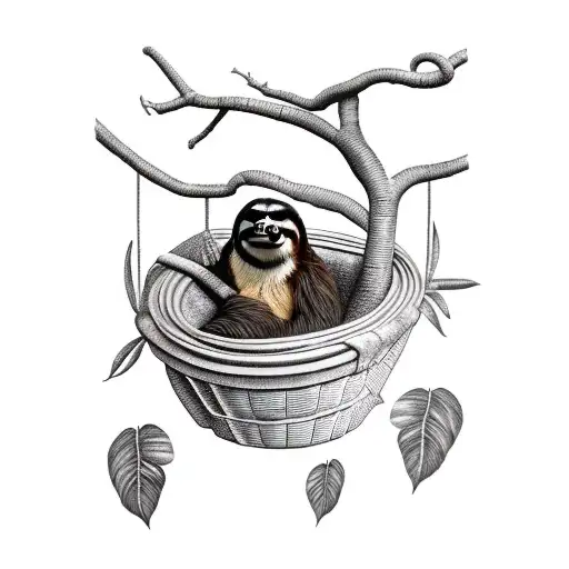 a three-toed sloth resting on a ficus tree inside a basket made of natural rattan tattoo design idea