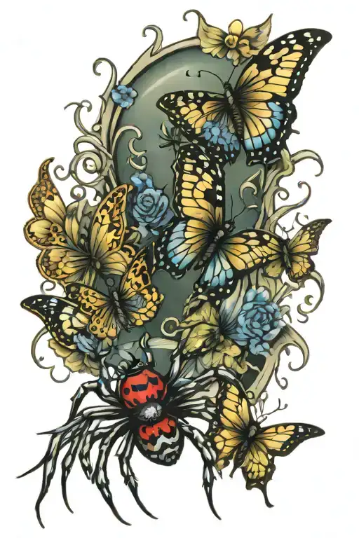 spiders and butterfly crawling  tattoo design idea
