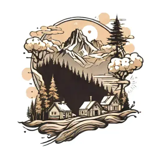 mountain range and village inside representing your childhood tattoo design idea
