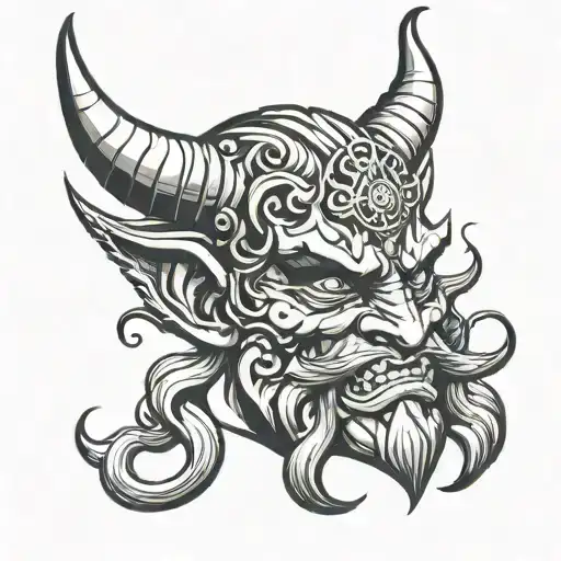 face, half Greek god half oni mask   tattoo design idea