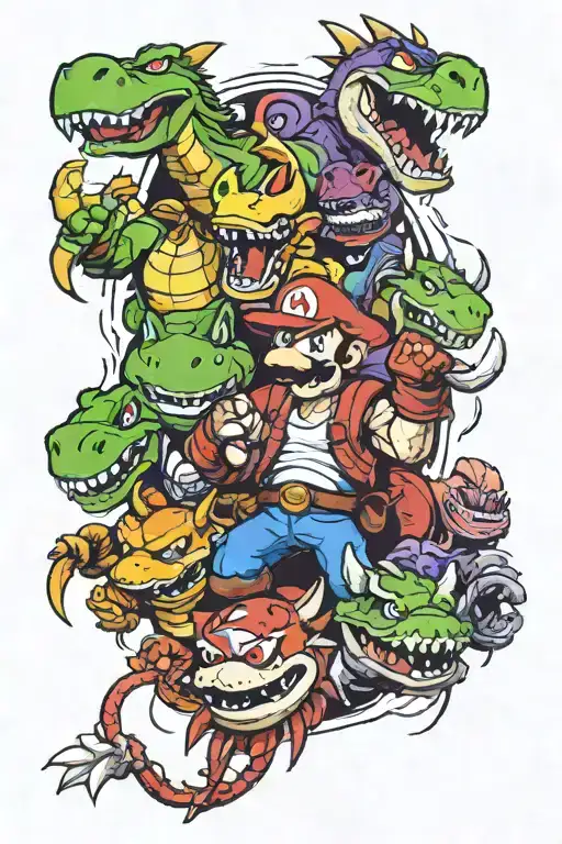 Mario Bros, Yoshi, Crash Bandicoot, Spyro The Dragon, God of War Kratos, Mortal Kombat Scorpion, Silent Hill tattoo design idea