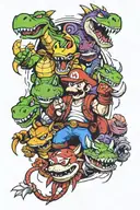 Mario Bros, Yoshi, Crash Bandicoot, Spyro The Dragon, God of War Kratos, Mortal Kombat Scorpion, Silent Hill tattoo design idea