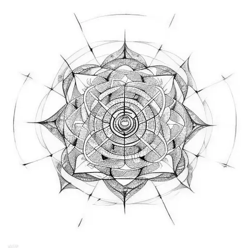 Black and white with symbols including Metatron's cube, mandala, a geometric clock, geometric tree, and energy.  tattoo design idea