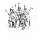 12 guys hugging in group photo while wearing viking helmets and swords tattoo design idea
