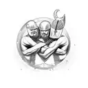 12 guys hugging in group photo while wearing viking helmets and swords tattoo design idea