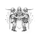 12 guys hugging in group photo while wearing viking helmets and swords tattoo design idea
