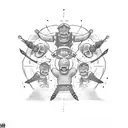 12 guys hugging in group photo while wearing viking helmets and swords tattoo design idea