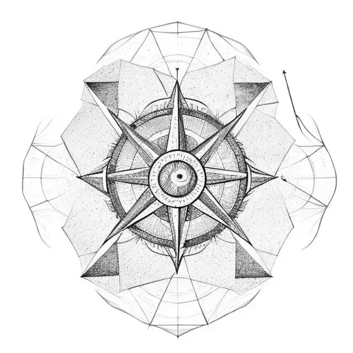 Hexagon pattern in the background,A compass as the center with a moon in one quadrant and a sun on the opposite quadrant tattoo design idea