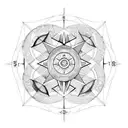 Hexagon pattern in the background,A compass as the center with a moon in one quadrant and a sun on the opposite quadrant tattoo design idea