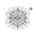 Hexagon pattern in the background,A compass as the center with a moon in one quadrant and a sun on the opposite quadrant tattoo design idea