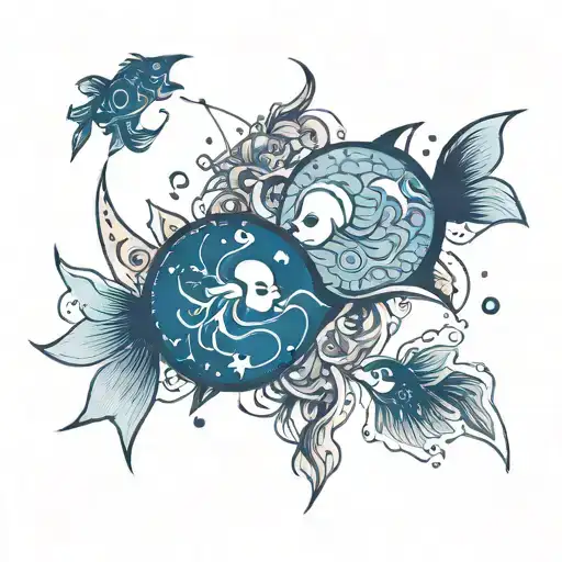 An abstract design incorporating the symbols of Cancer and Pisces in a celestial setting tattoo design idea