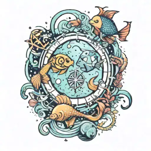 A whimsical design combining elements of the Cancer and Pisces zodiac signs in a cosmic underwater scene tattoo design idea