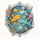 A whimsical design combining elements of the Cancer and Pisces zodiac signs in a cosmic underwater scene tattoo design idea