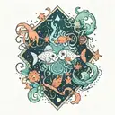 A whimsical design combining elements of the Cancer and Pisces zodiac signs in a cosmic underwater scene tattoo design idea