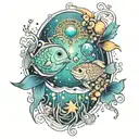 A whimsical design combining elements of the Cancer and Pisces zodiac signs in a cosmic underwater scene tattoo design idea