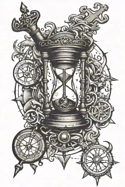 broken hourglass with compass and anchor. tattoo design idea