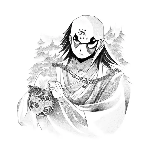 A tattoo of Itachi holding a chain with crows perched on it, against a backdrop of a mystical forest tattoo design idea