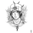 A tattoo of Itachi holding a chain with crows perched on it, against a backdrop of a mystical forest tattoo design idea