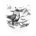 A tattoo of Itachi holding a chain with crows perched on it, against a backdrop of a mystical forest tattoo design idea