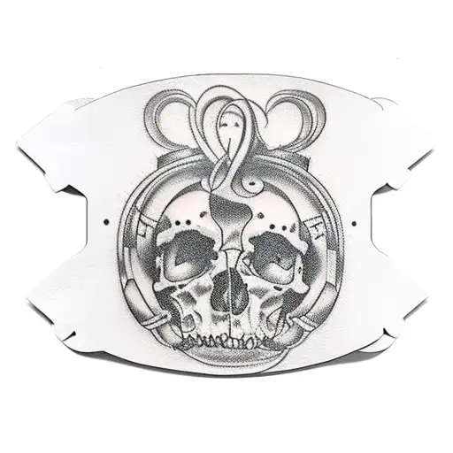 Rectangular leather label with side seams, hanging with a string on one side. inside the label it says: momomomomo tattoo design idea