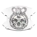 Rectangular leather label with side seams, hanging with a string on one side. inside the label it says: momomomomo tattoo design idea