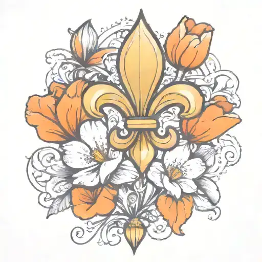 fleur de lis with magnolia, orange blossom, and california poppy  tattoo design idea