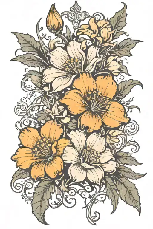 fleur de lis, magnolia, California poppy, ironwork, and pine tattoo design idea