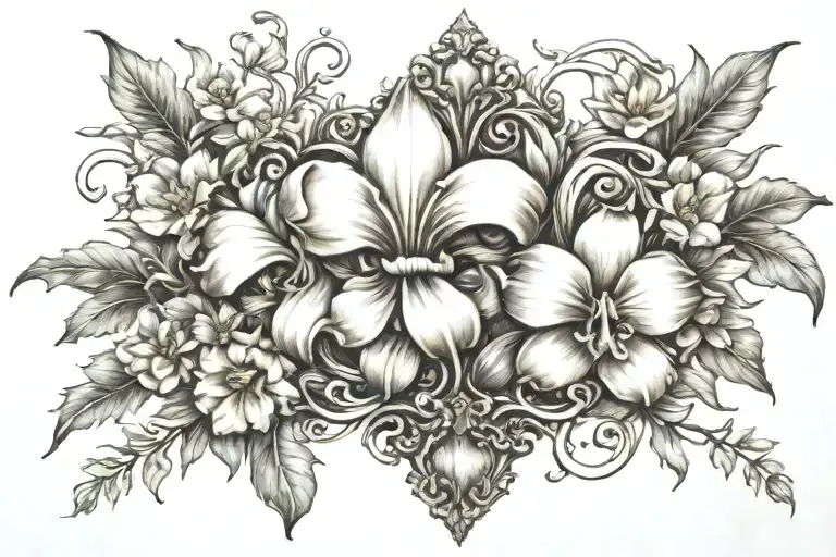 Fleur de lis surrounded by magnolias, california poppies and white pine incorporate iron work tattoo design idea