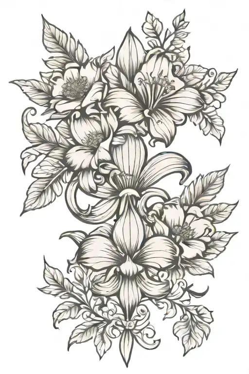Fleur de lis center with Magnolia, poppy and pine needles tattoo design idea