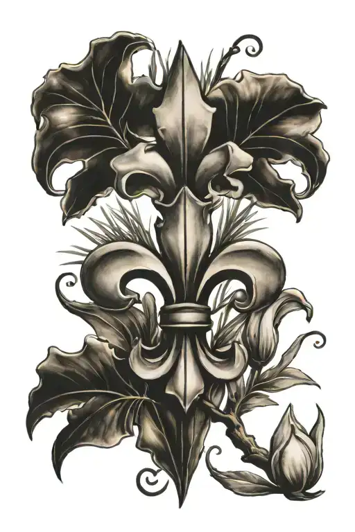 fleur de lis with magnolia and pine tree branches tattoo design idea