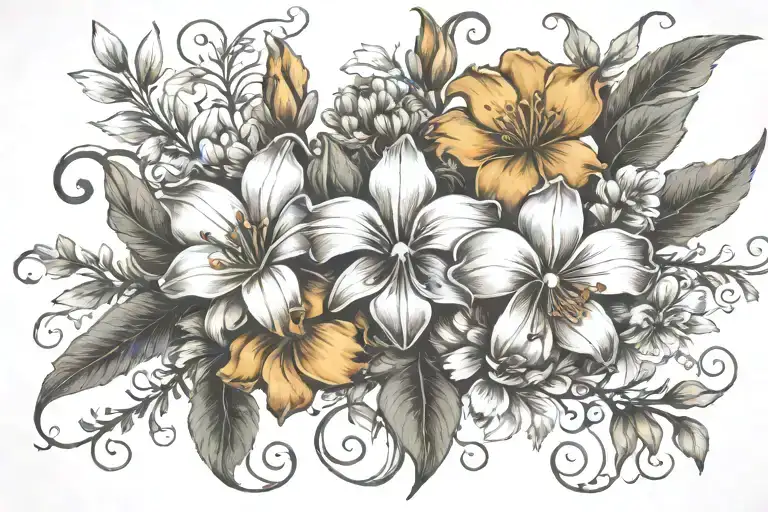 Bronze Fleur de lis surrounded by magnolias, california poppies and white pine incorporate iron work tattoo design idea