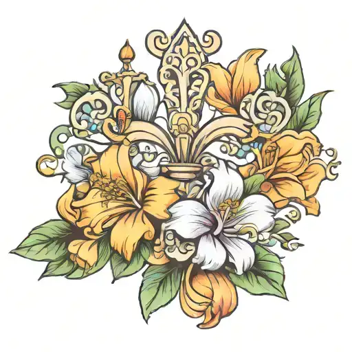 fleur de lis with magnolia, orange blossom, and california poppy  tattoo design idea