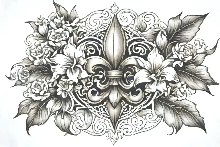 Bronze Fleur de lis surrounded by magnolias, california poppies and white pine incorporate iron work tattoo design idea