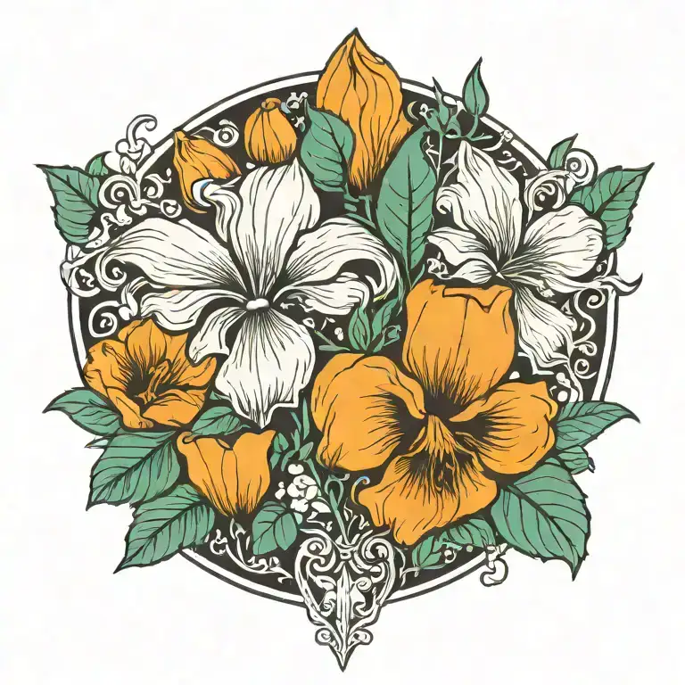 A traditional tattoo design showcasing the Fleur de lis symbol, magnolia flower, California poppy, and pine trees arranged in a symmetrical pattern tattoo design idea