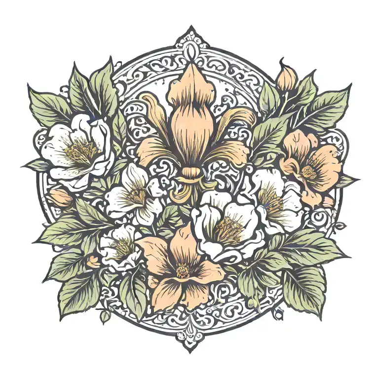 A traditional tattoo design showcasing the Fleur de lis symbol, magnolia flower, California poppy, and pine trees arranged in a symmetrical pattern tattoo design idea