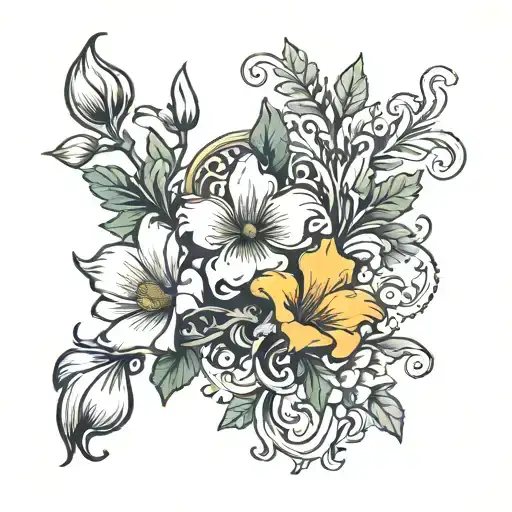 A traditional tattoo design showcasing the Fleur de lis symbol, magnolia flower, California poppy, and pine trees arranged in a symmetrical pattern tattoo design idea
