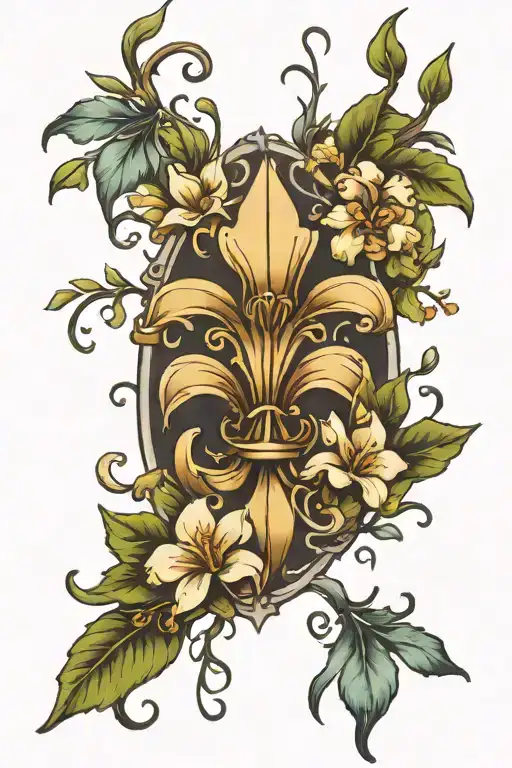 fleur de lis with magnolia and pine tree branches tattoo design idea