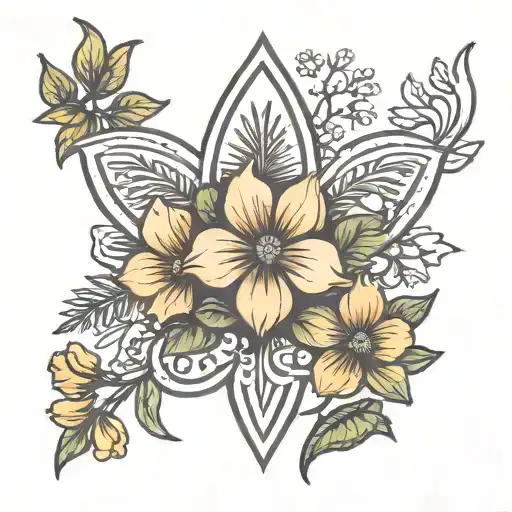 A traditional tattoo design showcasing the Fleur de lis symbol, magnolia flower, California poppy, and pine trees arranged in a symmetrical pattern tattoo design idea