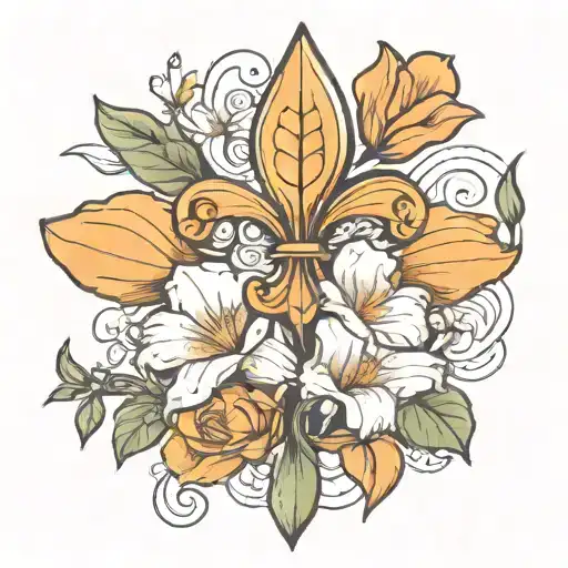 fleur de lis with magnolia, orange blossom, and california poppy  tattoo design idea