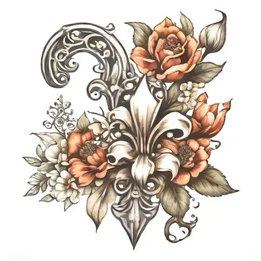 Illustrative tattoo featuring a Fleur de Lis surrounded by Magnolias, Poppies, and pine tattoo design idea