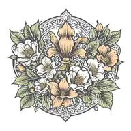 A traditional tattoo design showcasing the Fleur de lis symbol, magnolia flower, California poppy, and pine trees arranged in a symmetrical pattern tattoo design idea