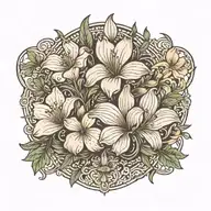 A traditional tattoo design showcasing the Fleur de lis symbol, magnolia flower, California poppy, and pine trees arranged in a symmetrical pattern tattoo design idea