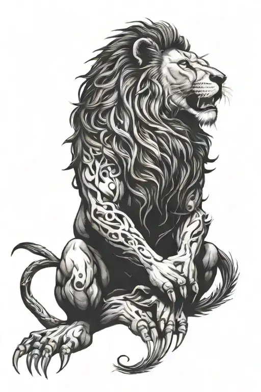 lion standing over chest with chest opening and demonic hands starting to come out from inside the chest tattoo design idea