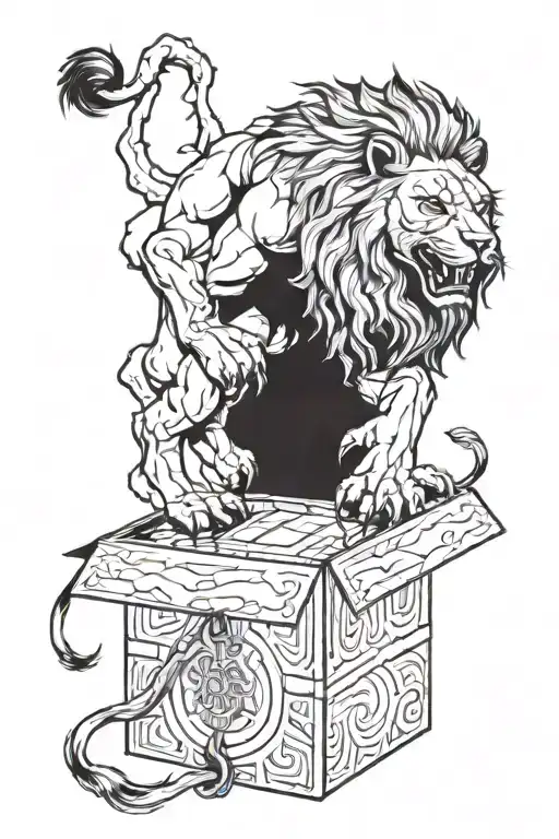 lion standing over box with box opening and demonic hands starting to come out from inside the box tattoo design idea
