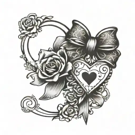 bow with heart center and small art around the bow trampstamp  tattoo design idea