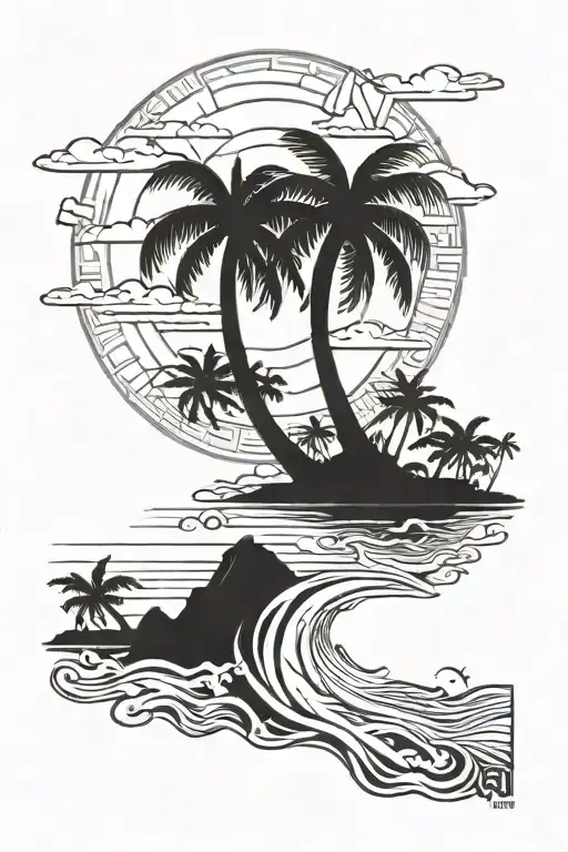 palm trees sunset beach filipino themed and catholic accents  tattoo design idea